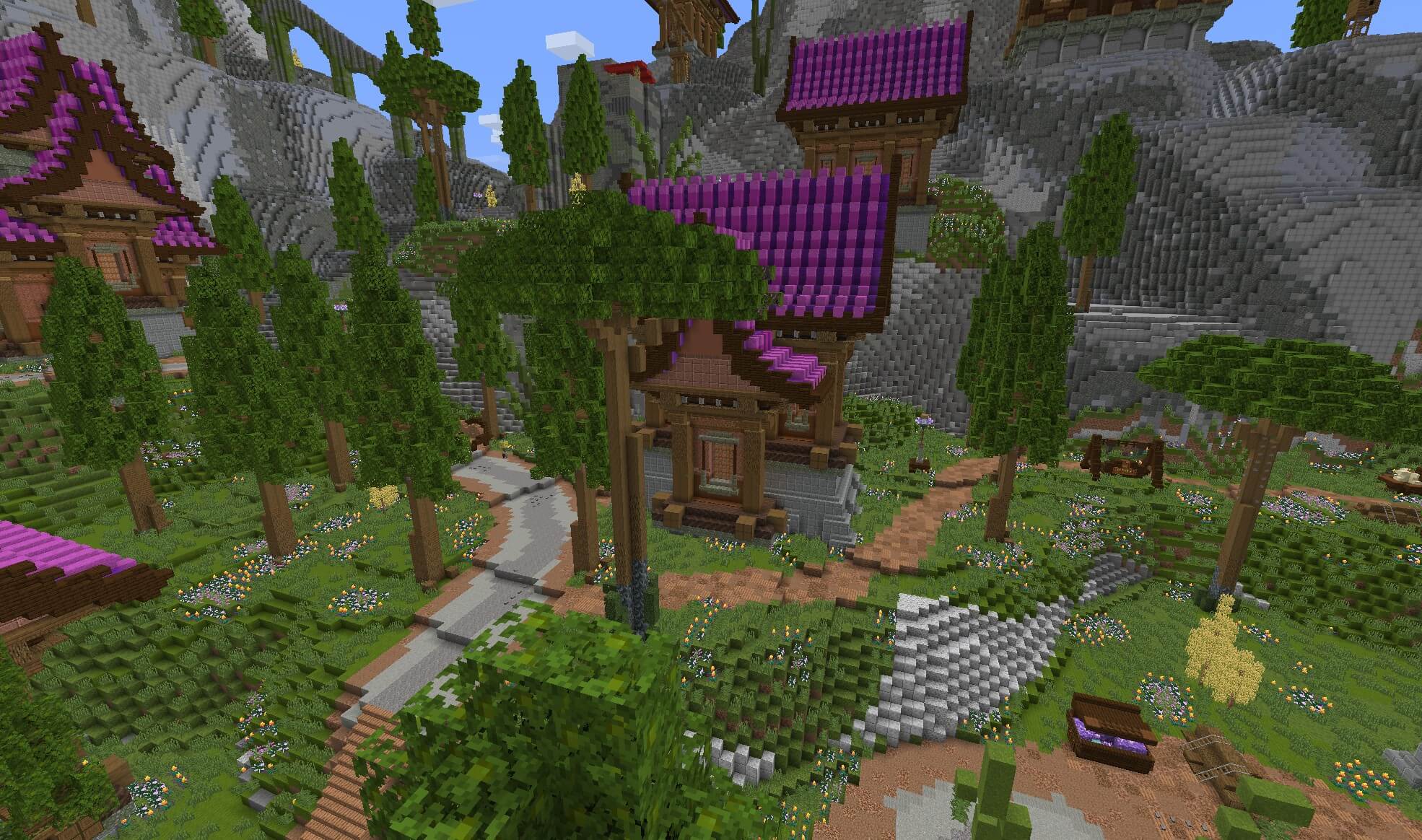 budynki z różowymi dachami